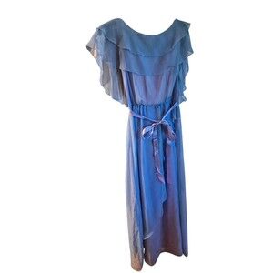 Vintage 1960s Party Dress Chiffon Flowy Ruffle Maxi Dress Blue Lavender Sz S NEW